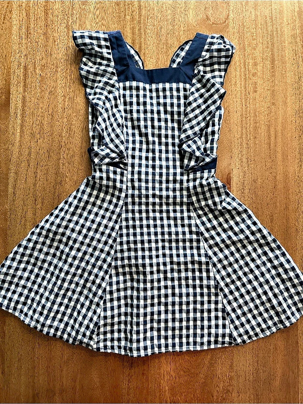BCBGirls Navy Blue Gingham Ruffle Pinafore Dress Sundress. Size 7